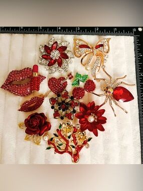 Vintage Style Red Rhinestone Brooch Lot 12pc Spider Lips Flower Heart Jewelry